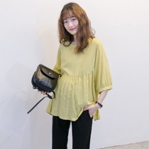 Pregnant women shirt summer jacket Korean version of loose size simple fresh doll shirt cotton linen pregnant women shirt spring summer tide