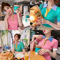 Pink polo sweater womens short-sleeved xiaoxiang 2021 new summer slim slim short lapel top