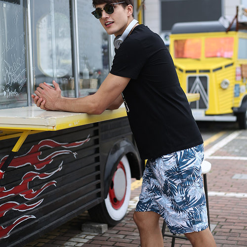 男士短裤速干宽松海边沙滩裤大码印花大裤衩五分短裤温泉泳裤度假_7折