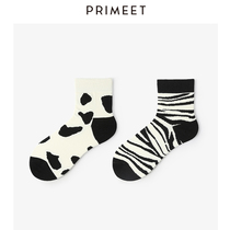 women's trendy korean style street black and white cow mid calf socks japanese harajuku style short classic striped skateboard stockings