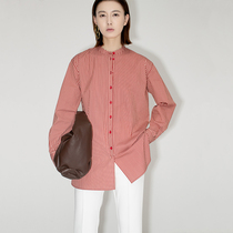 BEEWOOD Bi Wutong original custom womens stand collar simple wine red stripe cotton shirt loose temperament shirt