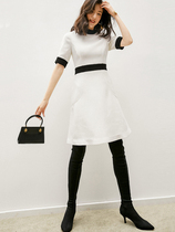 BEEWOOD blue Sycamore imported Australian wool dress round neck short sleeve stitching contrast waist long skirt autumn