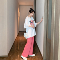 Pregnant Woman Suit Summer Tide Mother Out of Fashion Style Aging Foreign Air T-Shirt Broadlegged Pants Casual two sets of summer