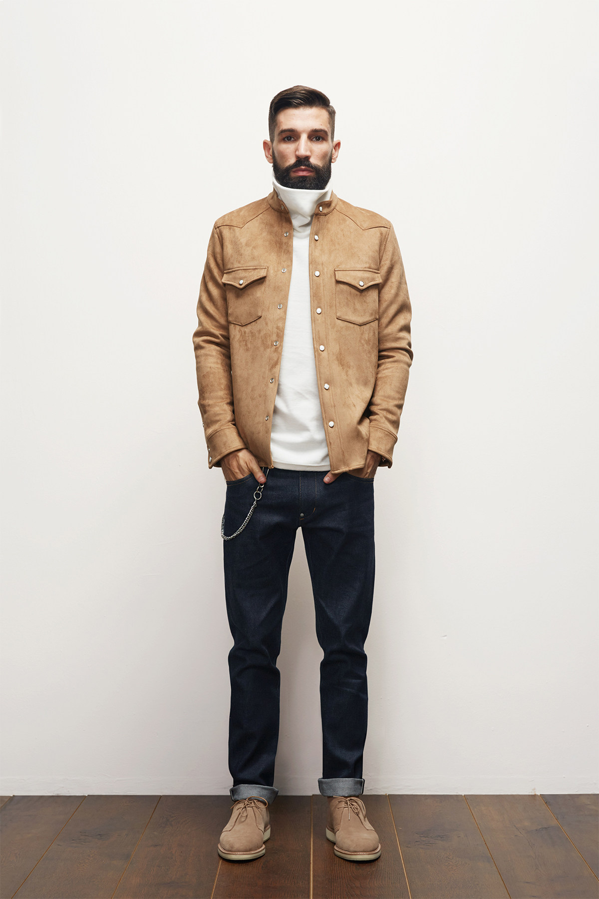 艾比路秋美式复古牛仔款加厚麂皮绒立领修身夹克式长袖衬衫