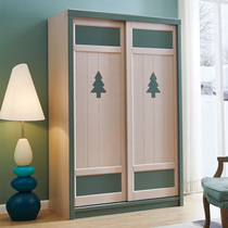 Nordic wardrobe Full solid wood wardrobe assembly childrens wardrobe Sliding door Simple wardrobe Full solid wood boy wardrobe
