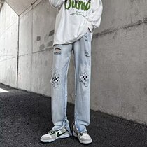 Denim Trousers Male Tide Cards High Street Loose Straight Drum Mens Pants Trendy Korean Version Open Fork Wide Leg Fall Tug Pants