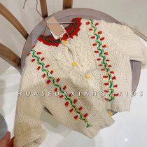 Korean children's clothing 2023 spring dress girl sweater retro embroidered fir knitted sweater long-sleeved little girl open jacket