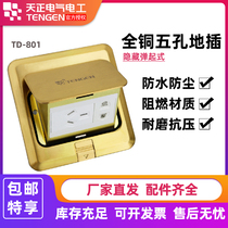 Tianzheng Electric hidden ground socket TD-801 home office all copper waterproof 5 five-hole switch flapper gold