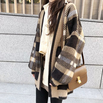 Plaid knitted open shirt female autumn and winter new retro lazy and loose wool top long thick sweater coat coat coat