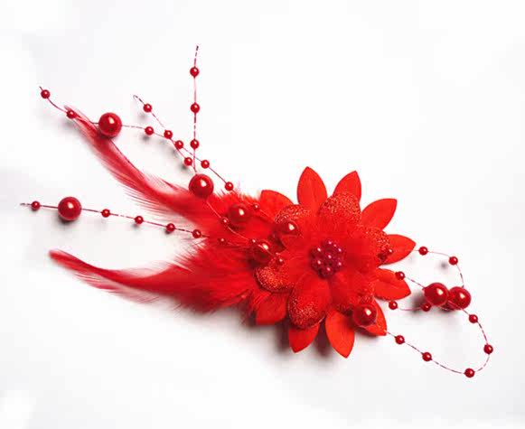 新娘饰品头饰红色羽毛花朵头花流苏珍珠耳环套装婚纱礼服旗袍发饰