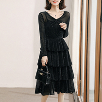 2021 early spring new womens French vintage black dress Hepburn cake skirt waist thin temperament skirt