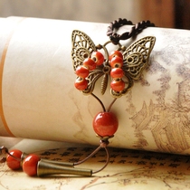 National style of ancient copper butterfly necklace female red bead sweater chain Jingdezhen ceramic jewelry