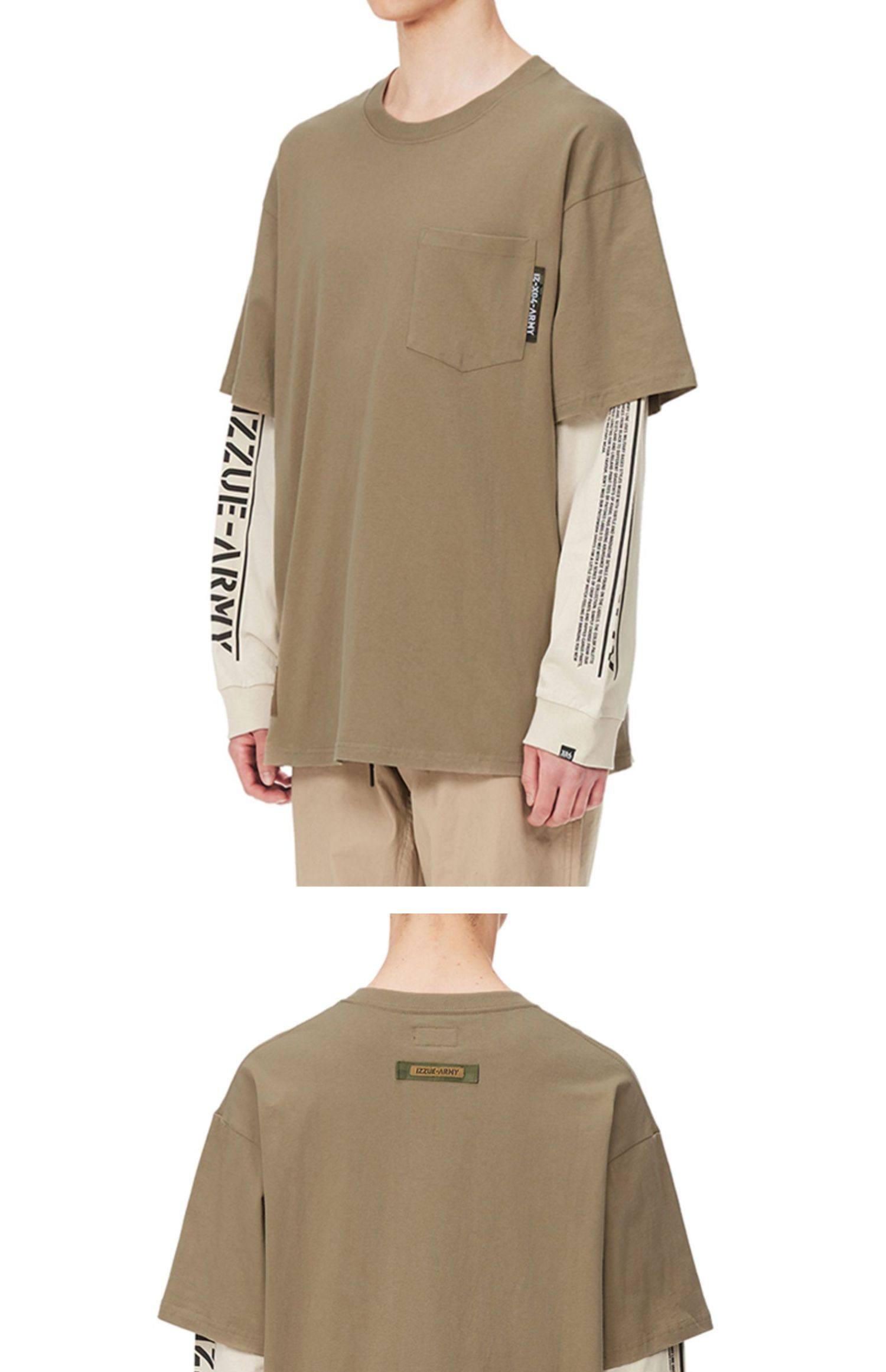 izzue男装假两件长袖t恤春季潮流个性撞色叠层2100s1g