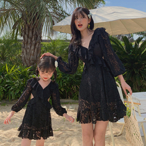 New black lace swimsuit mother and daughter conjunction dress long sleeve girl girl swimsuit beach swimsuit