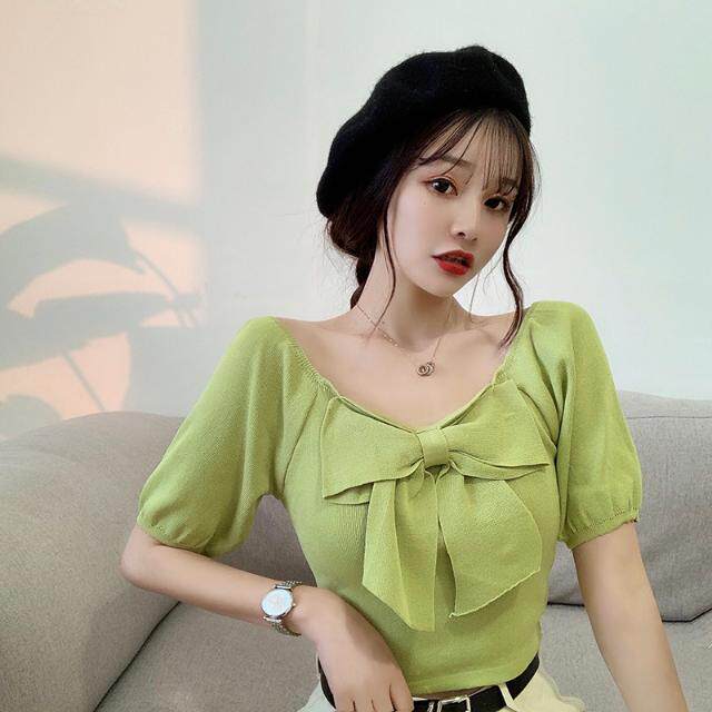 2020夏季新款网红可爱少女大蝴蝶结糖果色短款泡泡短袖针织衫女潮