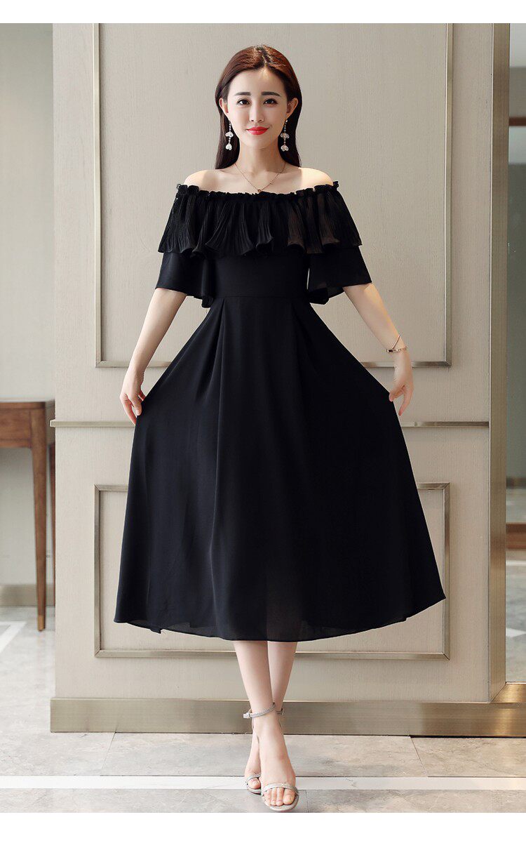 x型褶皱木耳长裙短袖2020年夏季单件一字领纯色连衣裙气质街头韩版