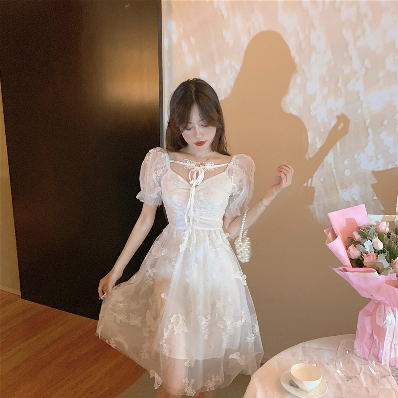 小仙女公主裙系带蝴蝶裙网纱可甜可盐泡泡袖闪光连衣裙