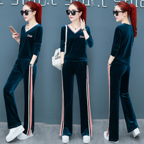 Sports set women spring and autumn 2021 New Korean fashion casual wide leg pants womens golden velvet two-piece tide