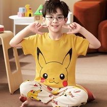 Childrens pajamas boys summer pure cotton thin sleeve trousers suit boys 12 years old cartoon home suit