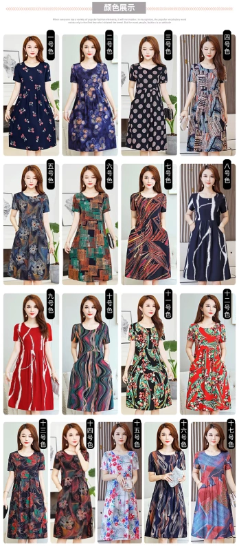 Phụ nữ trung niên và cao tuổi váy dạ hội ngắn tay mùa hè váy dài trung niên new plus size váy mẹ béo váy cotton lụa phụ nữ - Váy dài