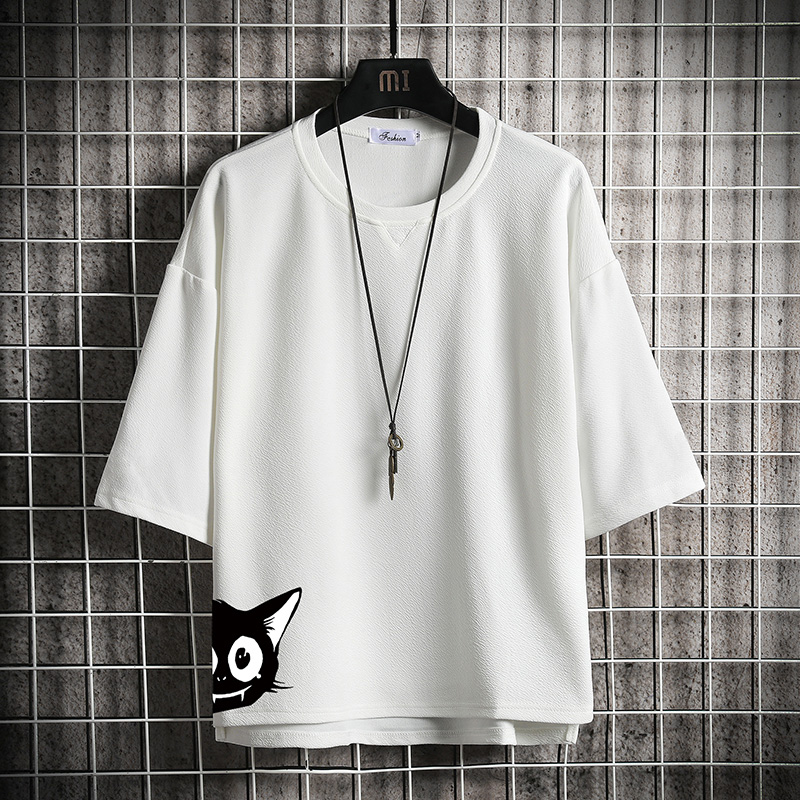 short sleeve summer japanese 3 / 4 sleeve t-shirt for men's loose fashion printed fat man half sleeve large 5 / 4 sleeve top