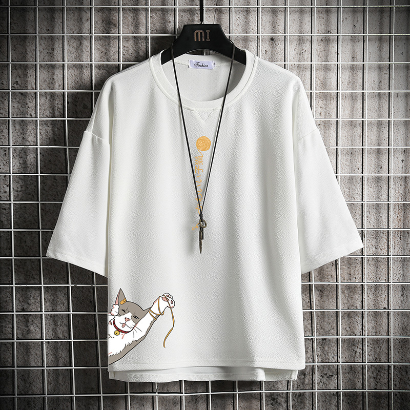 short sleeve summer japanese 3 / 4 sleeve t-shirt for men's loose fashion printed fat man half sleeve large 5 / 4 sleeve top