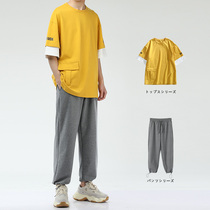 Yellow short-sleeved T-shirt mens set with handsome Hong Kong style ins Tide brand students two-piece slim sports suit