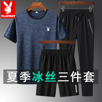 Playboy middle-aged mens father summer casual sports suit increased middle-aged and elderly Ice Silk quick-drying three-piece set