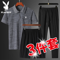 Playboy middle-aged casual Ice Silk sports suit male summer father short sleeve trousers old summer three-piece set