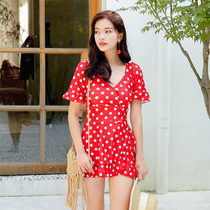 Hot spring swimsuit Womens conservative one-piece belly cover-up thin skirt flat angle gathered Korean short-sleeved red small fresh swimsuit
