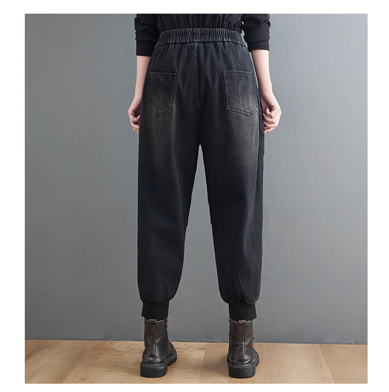 现货大码女装弹力抓毛加厚拼接灯芯绒牛仔裤宽束脚裤女_mk 文艺大码