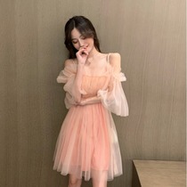 One-piece dress 2022 new French style woman summer retro short skirt mesh dress with waist display slim temperament pink pendant with skirt
