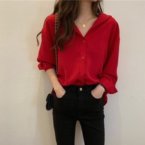 Autumn shirt top 2021 new womens long-sleeved design sense niche foreign style autumn womens red shirt shirt