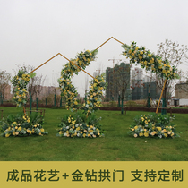 New wedding props finished gold diamond floral polygon Wrought iron arch wedding background stage decoration shelf