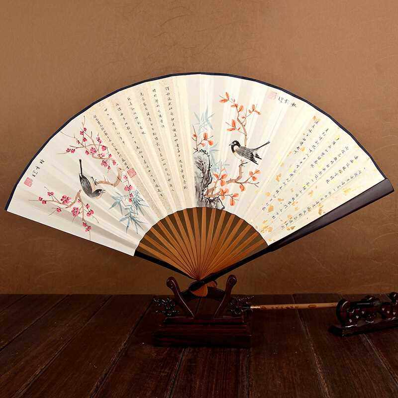9寸紫檀竹芯手绘字画洒金白纸扇 中国风扇子男扇子白折扇