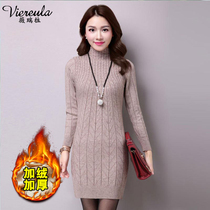 2022 new medium length style round neckline plus fluff coat female winter thickening 100 hitch version sleeve head long sleeve knit undershirt