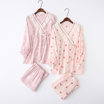 Spring and summer all-cotton cloth kimono and pajamas suit cute lace ladiesday style and sweaty and sweaty bathrobes home clothes