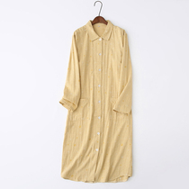 Foreign Trade Original Single Sleeping Dress Woman Spring Autumn Full Cotton Gauze Thin section Long sleeves shirt collar Japanese art home Long dress Summer