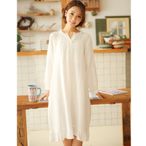 Foreign Trade Raw Single Pure Cotton Gauze Sleeping Clothing Spring Summer Day Department Small Frescoed Lady Cotton Linen Slim long sleeve sleeping dress Long style