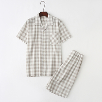 Summer Pure Cotton Cotton Cloth Thin men short sleeves shorts pyjamas suit Japanese cotton linen casual plaid home clothes