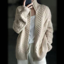 Heavy-pound thickened female high collar cashmere sweater zipped sweater Lazy Loose Pure Wool Knit Cardiovert Jacket Tide