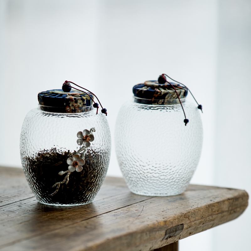 Vegetation school hammer caddy fixings Japanese transparent glass jar airtight storage tank with big POTS of tea set