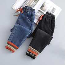 Girls jeans 2021 autumn and winter New plus velvet thick Foreign style casual one velvet Korean slim childrens pants