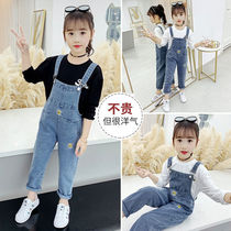Girls denim strap pants embroidery set 2021 childrens clothing new female childrens spring and summer autumn suit Korean version of tide