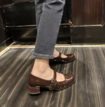 (benefanfan) Coffee color genuine leather large bottom Mary Jane shoes female coarse heel-lined cingulate retro single shoes