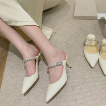 Earthly White Moon Light High Heel Flat-bottomed Big Sister Pointy Half Drag Woman Summer Season With Water Drill Sandals Mueller Shoes