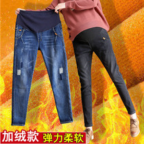 Pregnant women jeans winter wear 2018 new pregnant women pants loose size belly pants winter plus velvet padded long pants