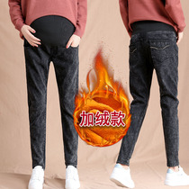 Pregnant womens winter wear New plus velvet thick size pregnant womens jeans outside wear fashion tide mother belly bottom pants