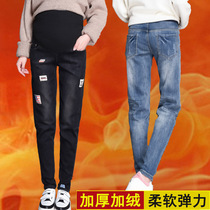Pregnant women jeans winter wear new padded velvet maternity pants plus size wear warm bottom belly pants fashion tide