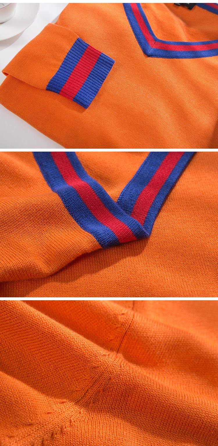 七格格2017春装新款 学院风撞色拼接v领收腰套头针织衫 女x814(橙色 m
